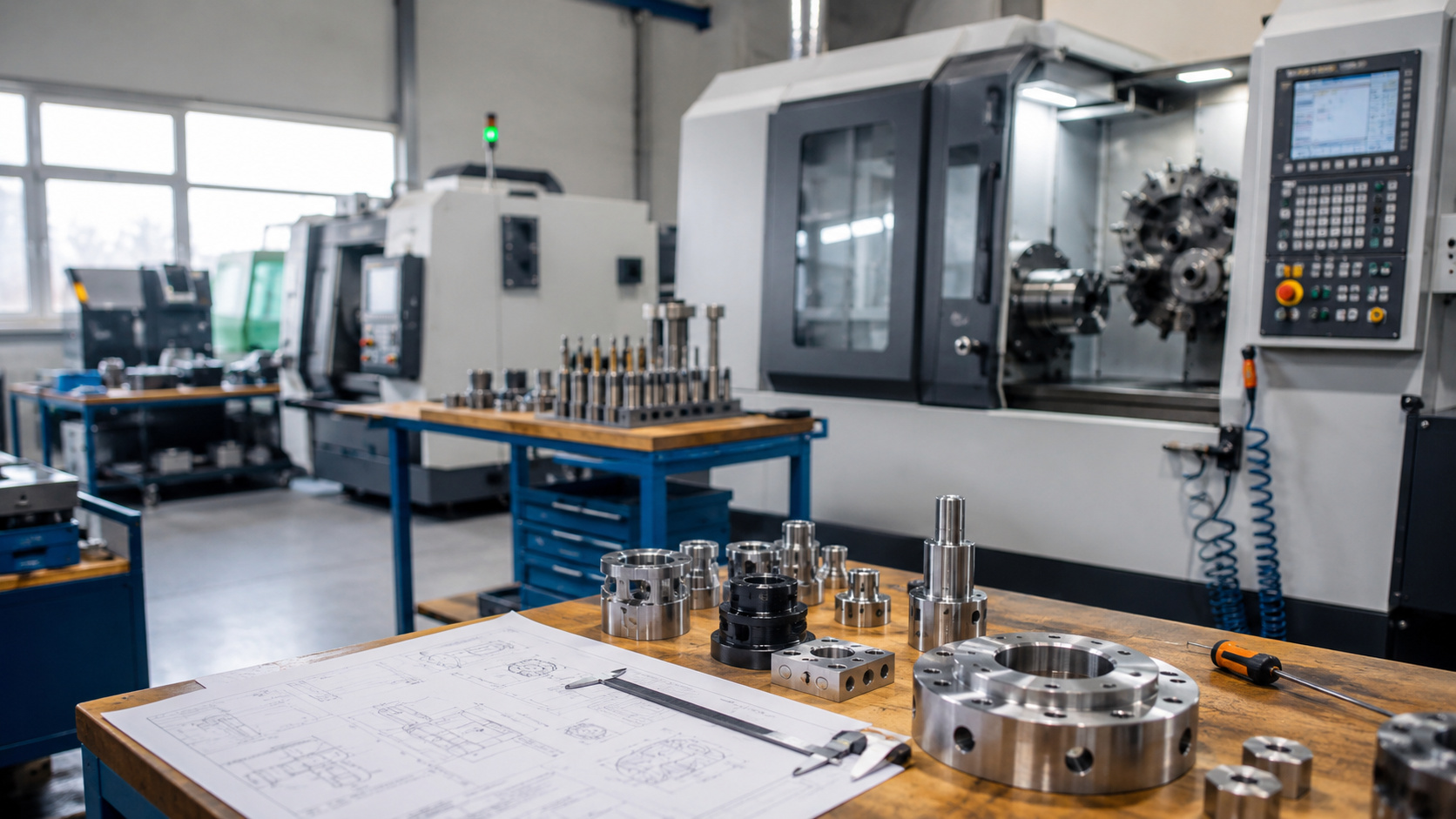 Werkstatt mit CNC-Maschinen im Hintergrund und Werkstücken sowie technischen Zeichnungen auf einem Tisch im Vordergrund