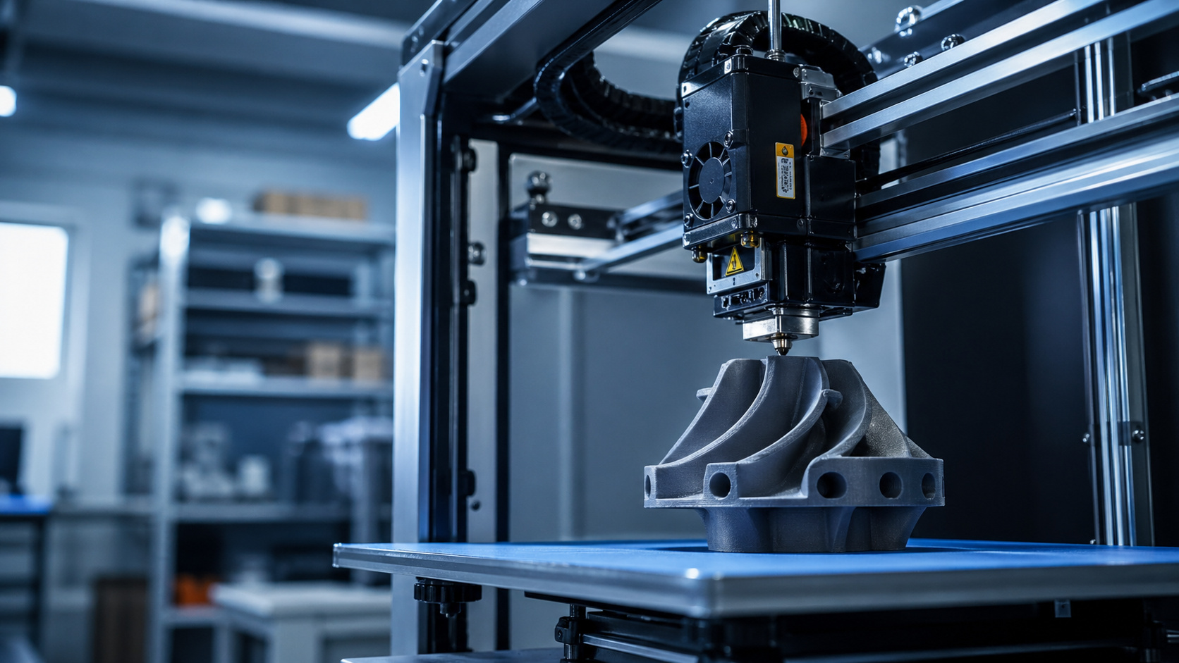 3D-Drucker fertigt ein komplexes Bauteil mit gebogenen Rippen auf der Druckplatte