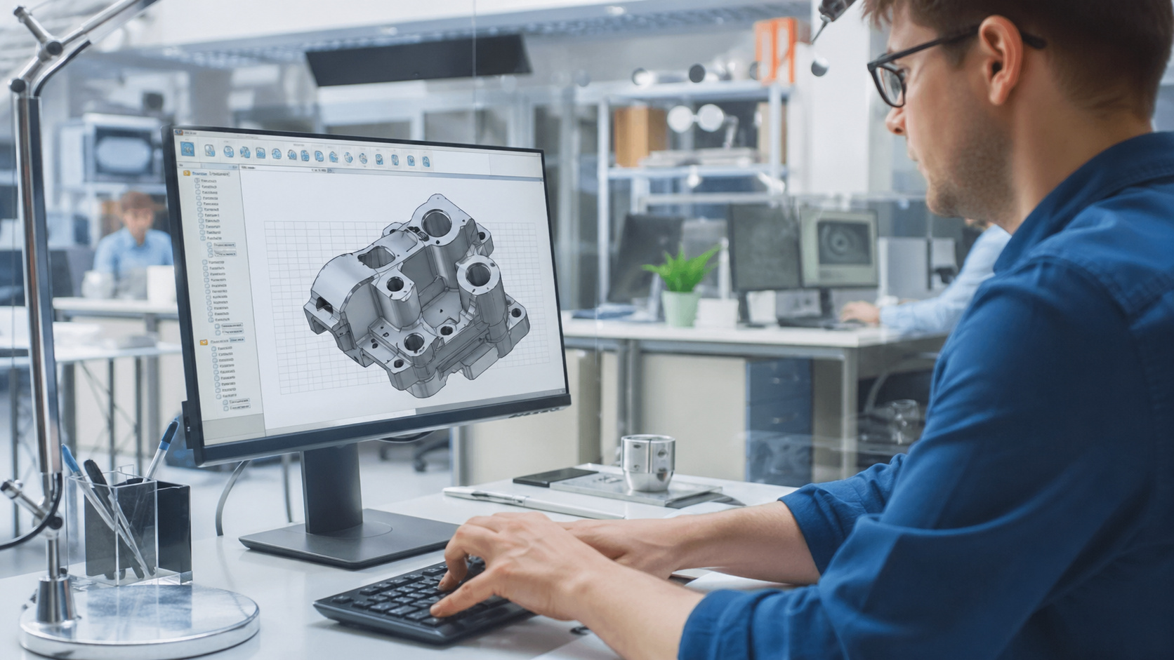 Mann sitzt an Schreibtisch und arbeitet an CAD-Modell eines technischen Bauteils auf einem Monitor