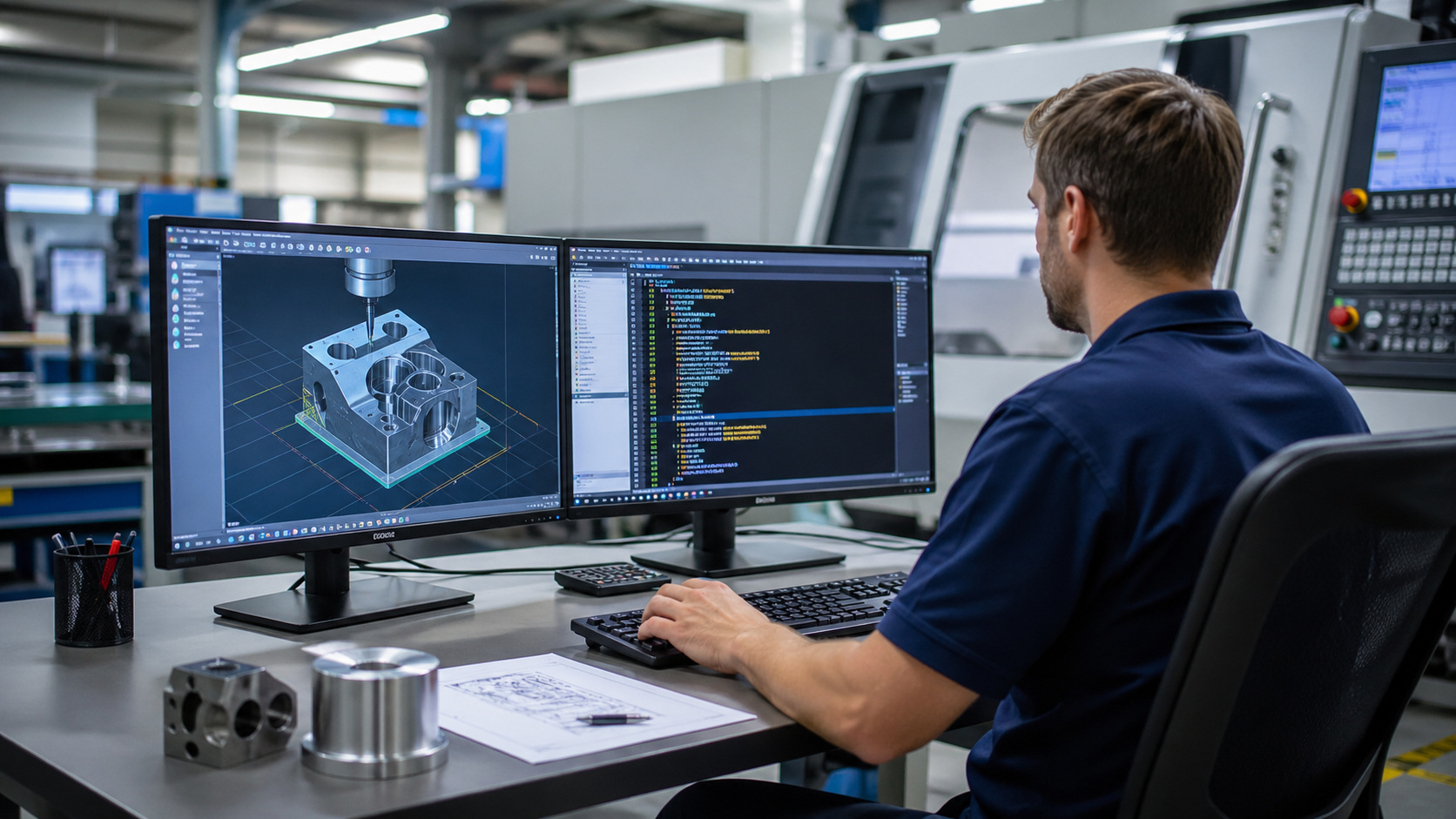 Mann sitzt vor zwei Bildschirmen mit 3D-CAD-Modell und CNC-Programmcode in einer Werkstatt