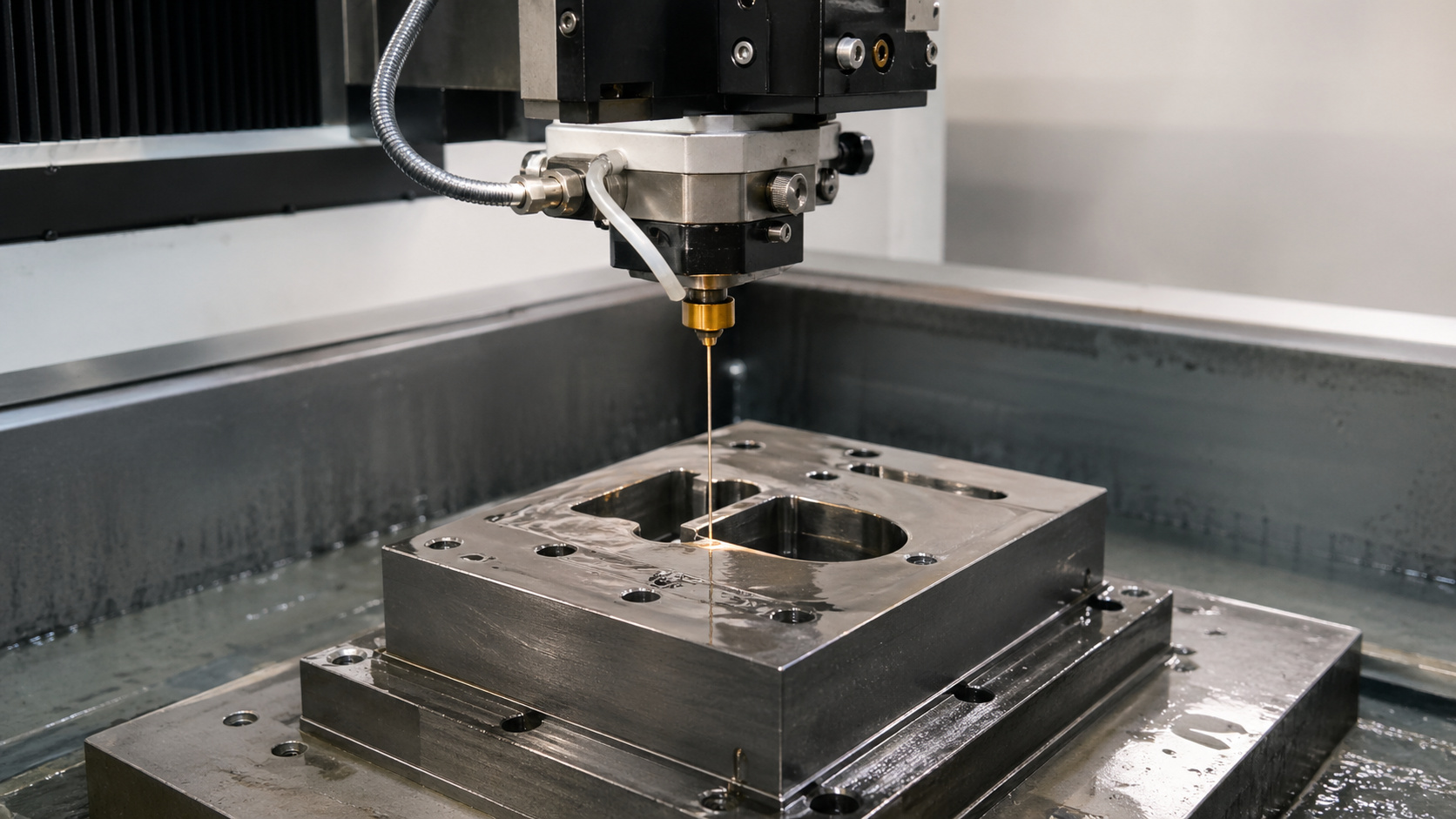 Maschine beim Draht-Erodieren eines metallischen Werkstücks mit sichtbarem Draht und Bearbeitungsbereich