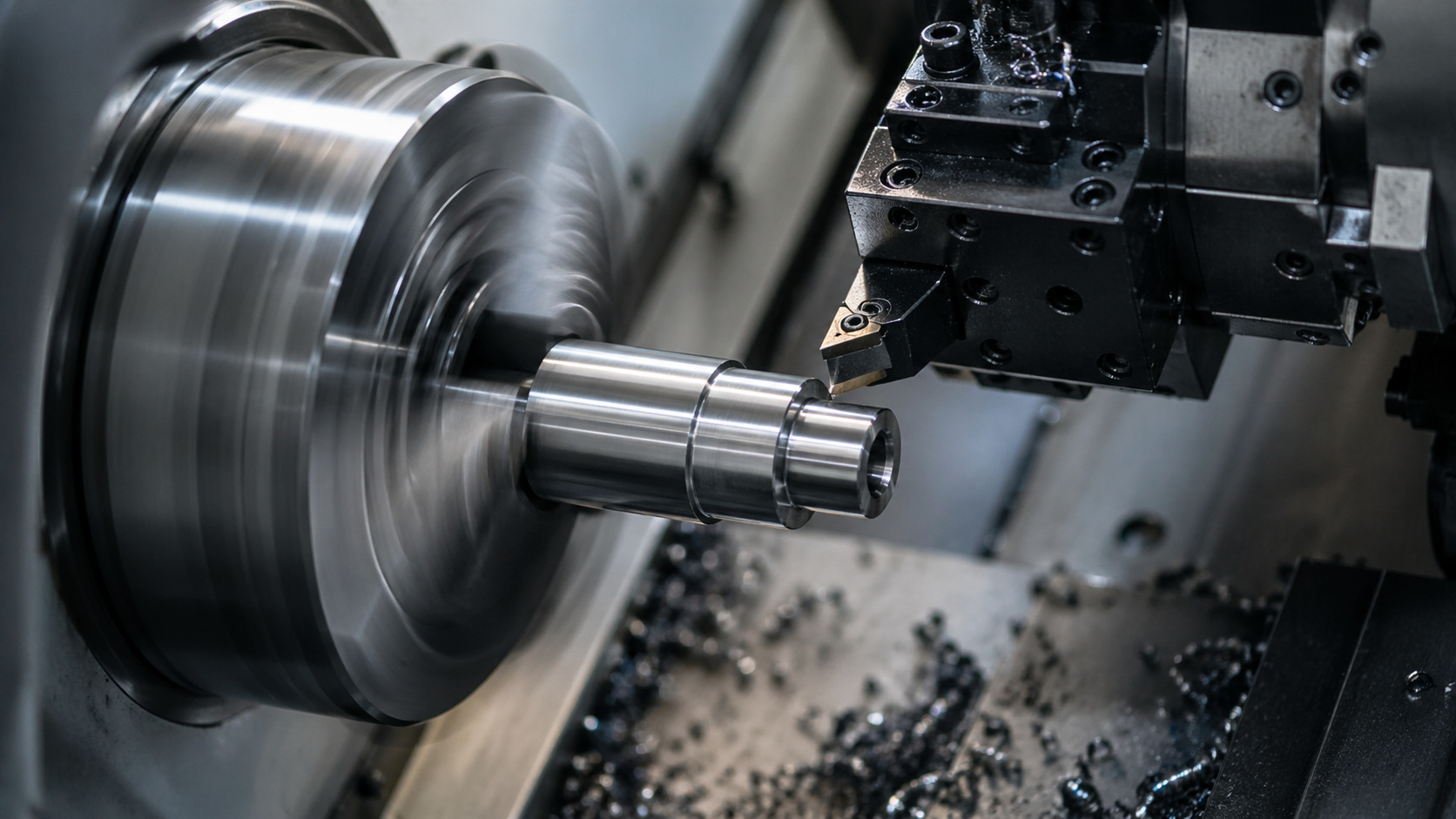 Drehmaschine bearbeitet zylindrisches Metallteil mit Späne auf der Arbeitsfläche