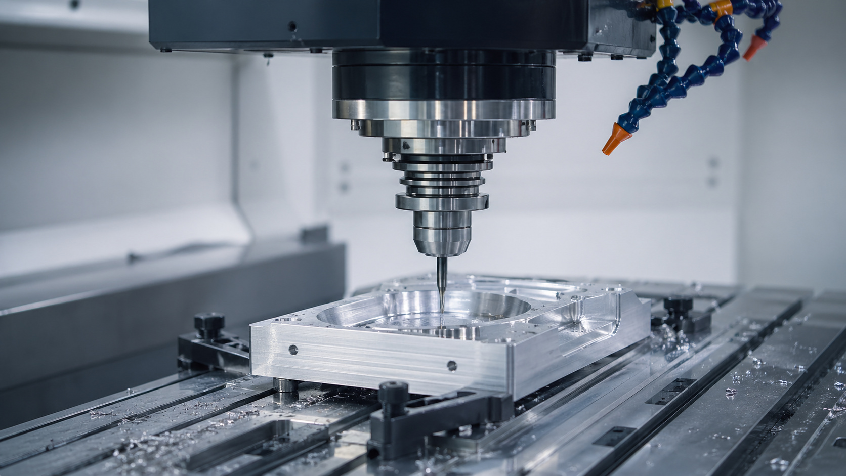Fräskopf einer CNC-Maschine über einem Metallblock mit Spänen auf der Arbeitsfläche