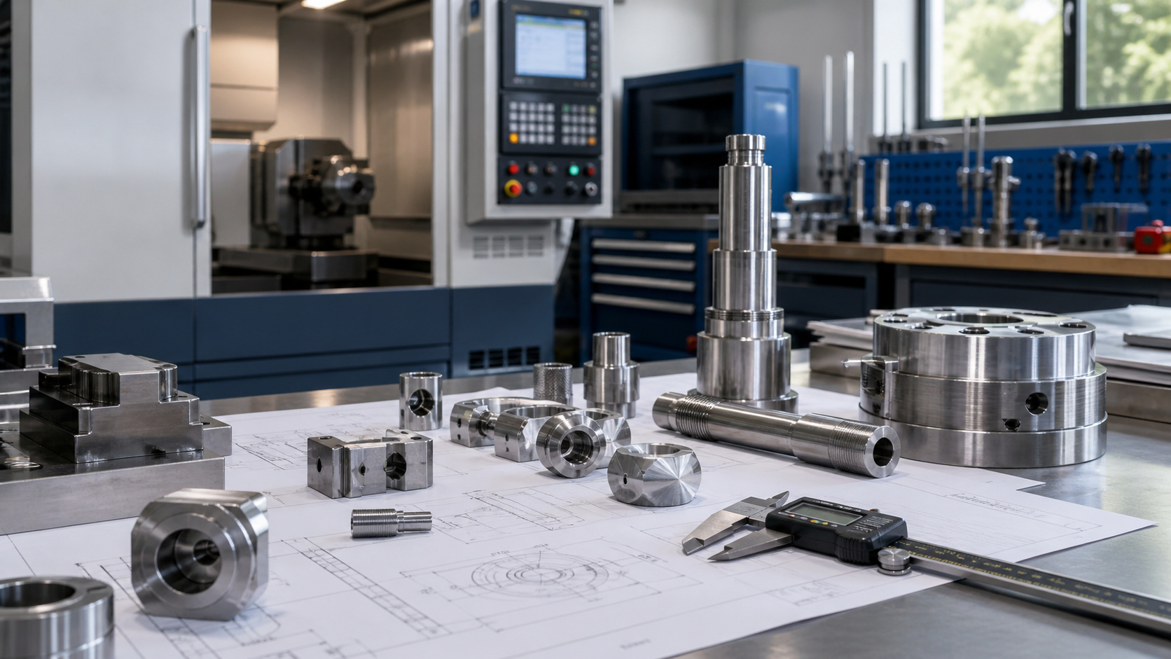 Verschiedene präzisionsgefertigte Metallteile und ein Messschieber liegen auf technischen Zeichnungen in einer Werkstatt mit Maschinen im Hintergrund