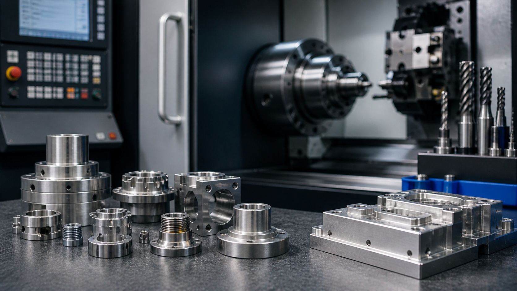 Verschiedene Metallteile und Werkzeuge vor einer CNC-Maschine in einer Werkstatt